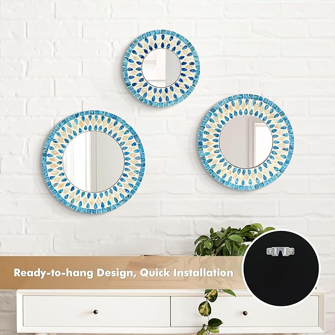 TEIPAI Handmade Mother of Pearl Mirror for Wall Decor, 3PCS Round Decorative Mirrors for Beach Nautical Home Hotel Coffee Shop, Natural Plate Art Hanging Sculpture for Dorm Apartment Entryway (Blue)