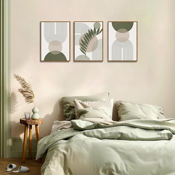 Bwodke Boho Wall Art, Framed Abstract Wall Art, Sage Green Canvas Wall Decor, Mid Century Line Leaf Geometric Pictures Set of 3, Minimalist Paintings, for Bedroom Living Room Bathroom 16"x24"