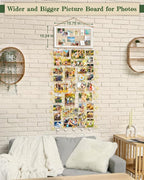 Bikoney Large Collage Picture Frame with Bulletin Board, Hanging Photo Display for Multiple Pictures, Wall Photo Organizer with 30 Clips & 6 Pushpins, Self Adhesive Hooks – No Drill Wood Photo Board for Room Decor