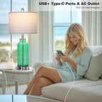 26.5" Coastal Green Glass Table Lamps Set of 2, 3-Way Dimmable Touch Control Bedside Lamps with USB Ports and AC Outlet, Teal Nightstand Lamps for Bedroom Living Room