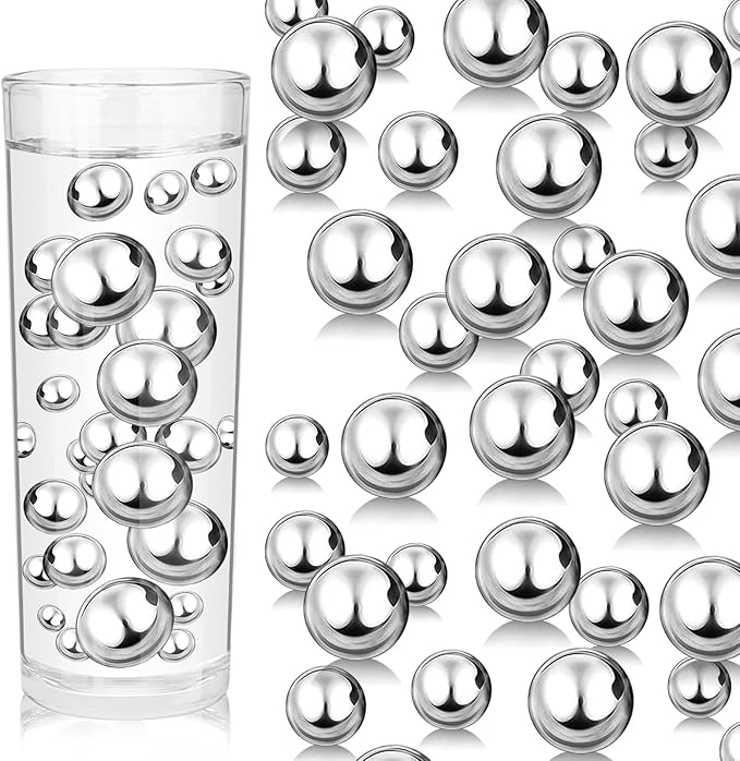 100PCS Silver Faux Pearls Beads for Centerpiece Vases, Vase Filler Faux Pearls, No Holes Filler Beads for Party Anniversary Birthday Wedding Table Decor, 14/20/30mm