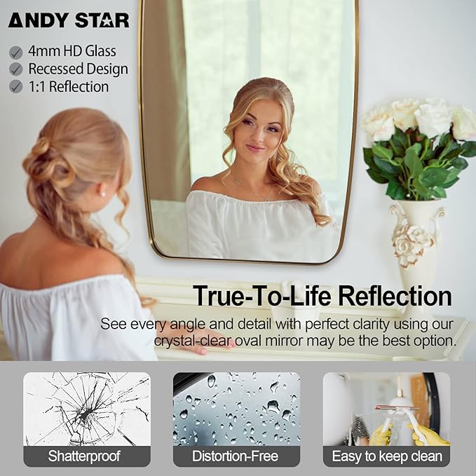 ANDY STAR Gold Bathroom Mirror, 20x30’’ Brushed Gold Vanity Mirror for Bathroom, Brushed Brass Oblong Stainless Steel Metal Frame Mirror for Over Sink
