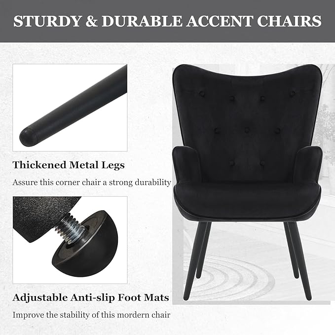 Furnimart Accent Chairs Set of 2, Black Velvet Reading Armchairs with High Backrest, Wingback Corner Chairs - Mid Century Modern for Living Room, Bedroom, Waiting Room