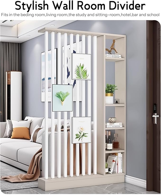 Wall Room Divider, Storage Cabinet Storage Display with Shelves, Modern Freestanding Wood Room Divider Screen, Wall Privacy Screens for Home Decorative (Beige+White,43.3" L x 9.5" W x 79.5" H)