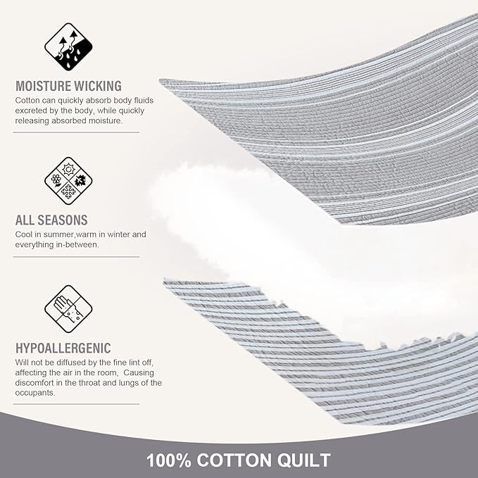 Y-PLWOMEN Quilt Queen Size - 100% Cotton Queen Quilt, Grey Striped Quilt for Queen Bed, Lightweight Reversible Queen Size Bedspread for All Season, 3-Piece