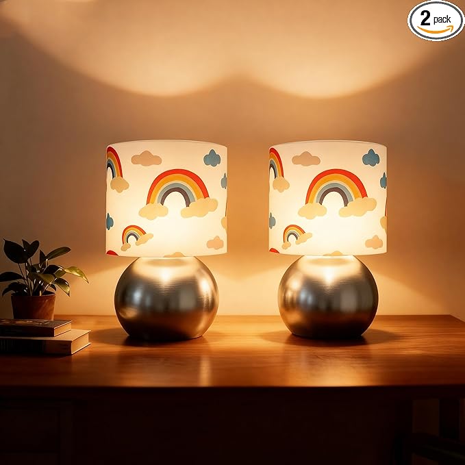 Set of 2 Silver Small Bedside Table Lamps with Rainbow Cloud Pattern Shades (Bulb Included)