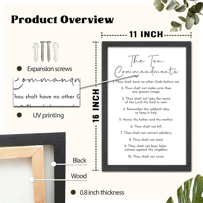 FZMHASLWW The Ten Commandments Bible Verse Wall Decor 16"X11" God Jesus Prayer Christian Saying Catholic Scripture Sign Wood Framed Wall Hanging Art (Black)