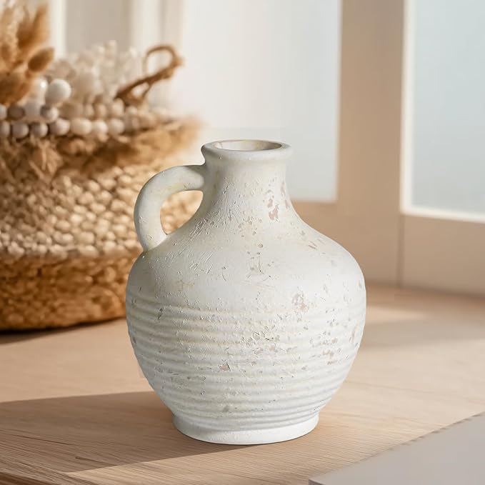 Sunddo White Ceramic Vase with Handles, Rustic Farmhouse Terracotta Small Vase, Pottery Decorative Flower for Home Decor, Table, Living Room, Bathroom, Shelf, Mantel Decor