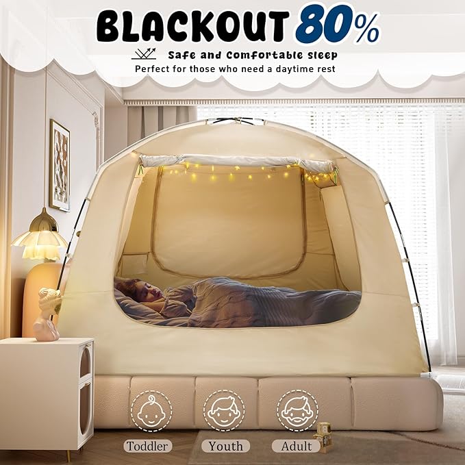 Bed Tent Bed Canopy Breathable 100% for Adult and Kids Light Reduction Sleeping Dream Tents Indoor Portable Big Space with String Light 4 Doors Twin Full Queen King Size