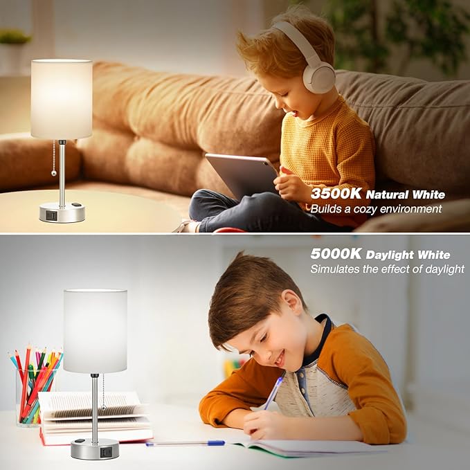 White Bedside Lamp for Bedroom - 3 Color Temperatures Desk Lamp with USB C and A Ports, Pull Chain Table Lamp with AC Outlet, Nightstand Lamp with Silver Metal Base for Kids Girls