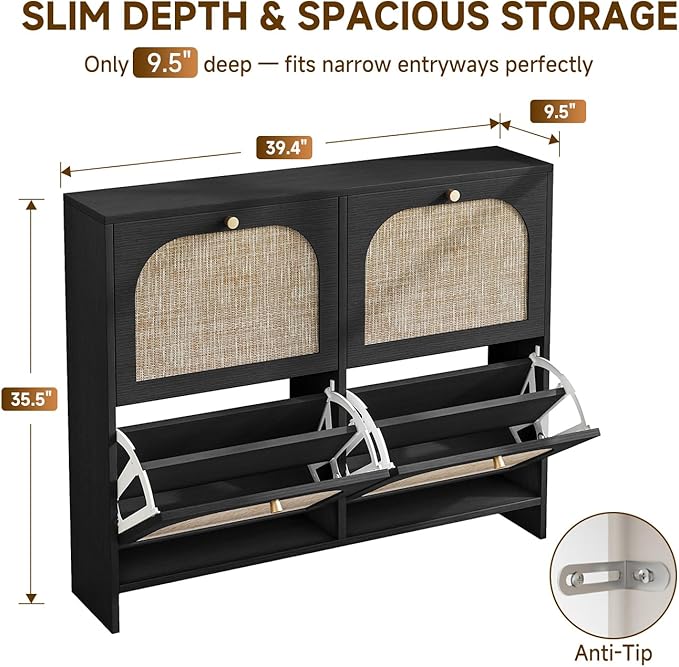 Nicetree Freestanding Arched Rattan Accent Ultra Slim Shoe Cabinet for Entryway - 4 Flip Drawers & 3-Tier Adjustable Shelves, Farmhouse Modern Rustic Shoe Rack for Hallway, Foyer, Living Room