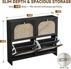 Nicetree Freestanding Arched Rattan Accent Ultra Slim Shoe Cabinet for Entryway - 4 Flip Drawers & 3-Tier Adjustable Shelves, Farmhouse Modern Rustic Shoe Rack for Hallway, Foyer, Living Room