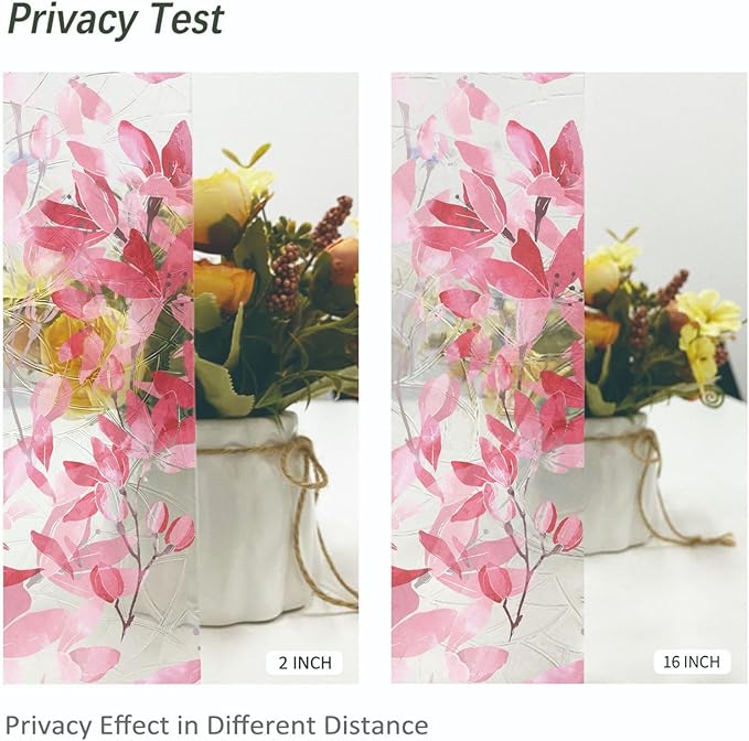 Stained Glass Window Privacy Film, Watercolor Pink Leaves Flowers Double Sided Non-Adhesive Glass Windows Clings Stickers for Home Office Living Room Window Door Decor 16.93 x 39.37 Inches