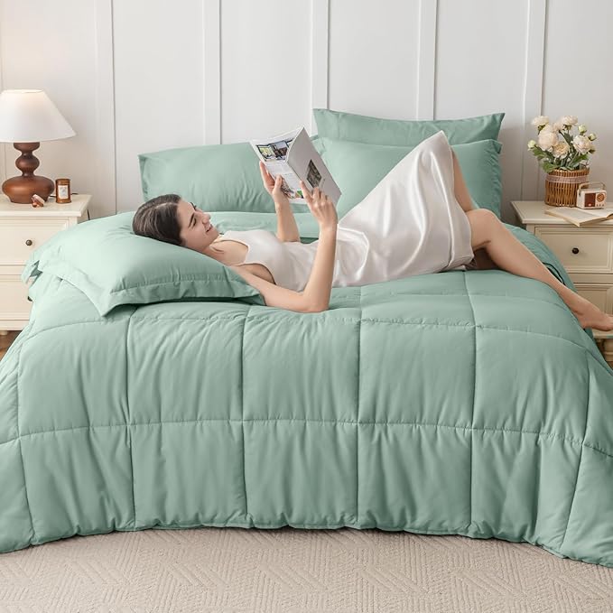 JOLLYVOGUE California King Comforter Set, Ultra-Soft Bed in a Bag Cal King Size 7 Pieces, Oeko-TEX Certified Bedding Set with Down Alternative Comforter, Sheets, Pillowcases & Shams, Sage Green