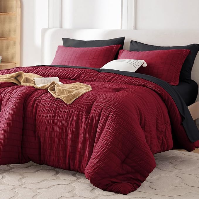 MUXHOMO 7 Pieces Full Comforter Set, Seersucker Bed in a Bag Full Size, All Season Luxury Bedding Set with Comforter, Flat Sheet, Fitted Sheet, Pillowcases & Shams, Red & Black