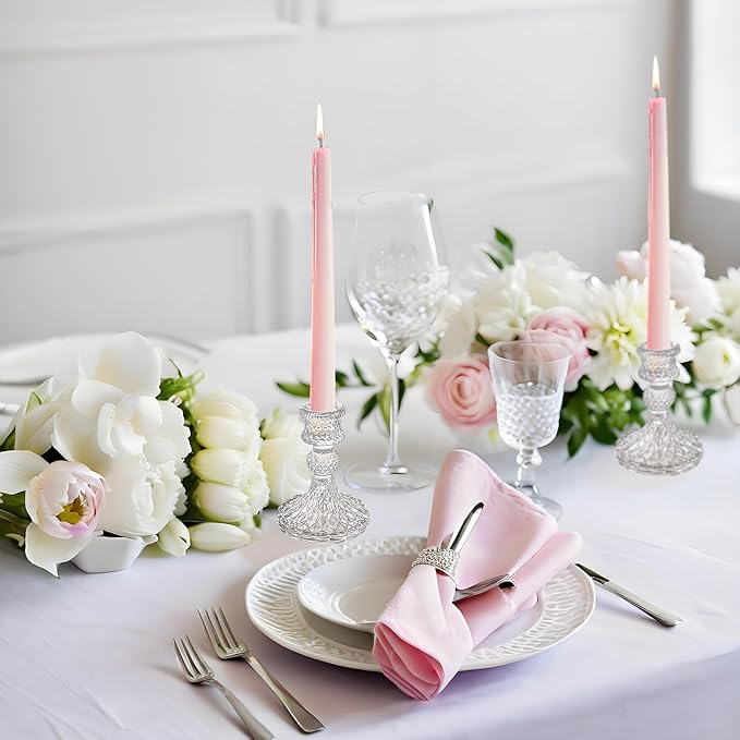 Glass Candlestick Holder,Striped Taper Candle Holders,Set of 6 Candle Stand for Table Centerpieces, Home Decor,Weddings,Festival and Parties (Clear Dimond Pattern)