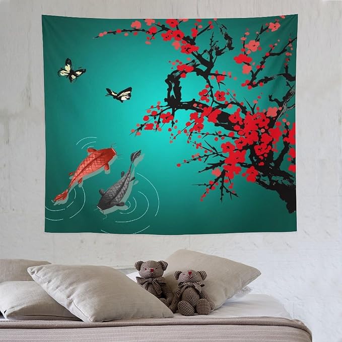 Houselerax Japanese Koi Fish Tapestry, Cherry Blossoms Asian Oriental Green Teal Floral Branch Koi Fish Carp Tapestries Wall Hanging for Bedroom Living Room Office Decor 60"x50"
