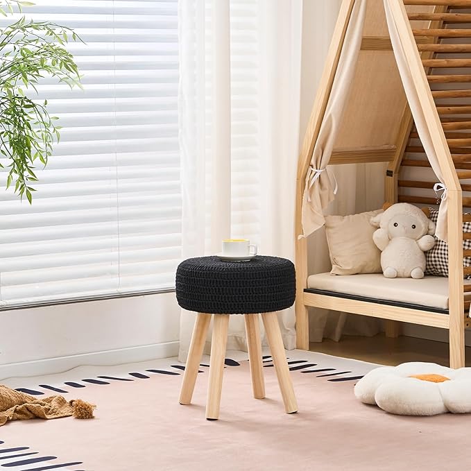 Wimarsbon Pouf Ottoman, 100% Cotton Knitted Boho Footstool, Round Footrest with Non-Skid Wood Legs, Home Décor Handmade Pouffe, Leisure Floor Step Stool for Living Room (Long Leg - Black)