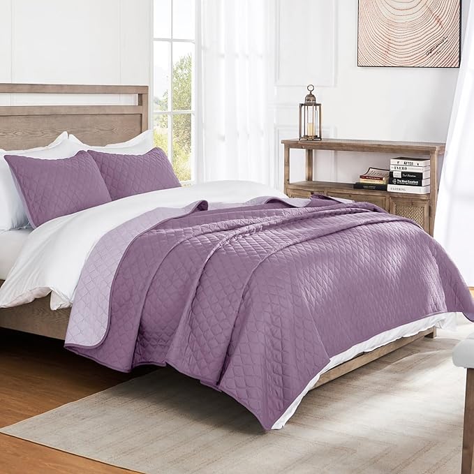 Exclusivo Mezcla Reversible Full Queen Quilt Bedding Set with Pillow Shams, Lightweight Quilts Queen Size, Soft Bedspreads Bed Coverlets for All Seasons - (Dusty Lavender, 90"x96")