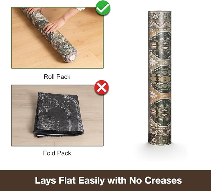 Floor Mat for Home 5×7ft, Easy Clean Plastic Rug-Like Pattern Area Mat for Living Room, Waterproof Vinyl Area Rug for Under Kitchen Table, No Slip Soft Vintage Rug for High Traffic Area (Green)