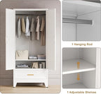 71'' Farmhouse Metal Wardrobe Cabinet with Hanging Rod, 2 Barn Door Wardrobe Closet with Adjustable Shelves,Drawer,for Dining Room,Bedroom,Living Room, Cloak Room,Office (White)