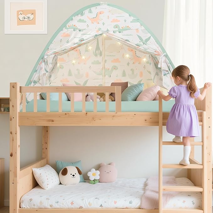 Twin Bed Tent for Kids, Twin Size Bed Canopy with Star Lights, Privacy Space Blackout Sleeping Tents, Indoor Breathable Portable Bunk Bed Tent for Boys and Girls, Dinosaur