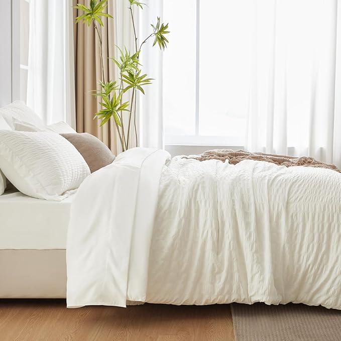 CozyLux Full Size Comforter Sets with Sheets Seersucker 7 Pieces Ivory Bed in a Bag Textured Luxury Soft Bedding Set with Down Alternative Comforter, Sheets, Pillowcases & Shams for All Seasons