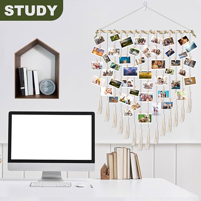 Hanging Photo Display boho bedroom decor teenage girl room decor Birthday Gifts for Grandma gift for mom Grandma’s Gifts - from Daughter, Granddaughter and Grandson - Mom Grandmothers Photo Holder，with 30 Wood Clips, 35" L x 30'' W