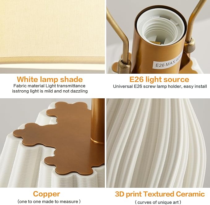 Plug in White Large Ceramic Table Lamps 26.75In, Modern Textured Table Lamp Decorative for Living Room Bedroom Nightstand Bedside Office Desk