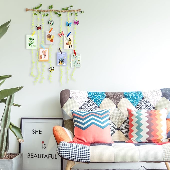 Wall Hanging Photo Display with Artificial Leaves Vines, Macrame Photo Holders, Boho Pictures Organizer for Wall Decoration, with 15 Wood Clips, for Home, Office, Classroom, Party, Wedding