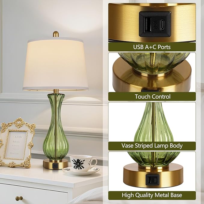 27.5" Coastal Glass Table Lamp Set of 2, 3-way Dimmable Full Touch Control Beach Lamp with USB A+C Port, Green Glass Nautical Bedside Lamp with White Shade for Living Room Bedroom(LED Bulbs Included)