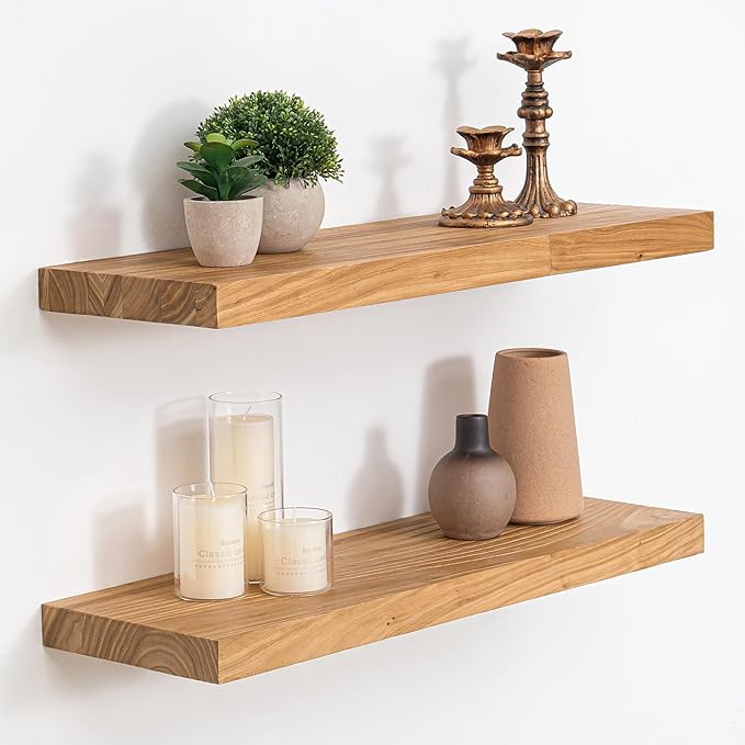 Floating Shelves, 8" Deep Rustic Solid Elm Wood Wall Mounted Floating Shelves, Wall Shelves with Invisible Bracket for Living Room Bathroom Bedroom Kitchen, 24 Inch Set of 2, Natural
