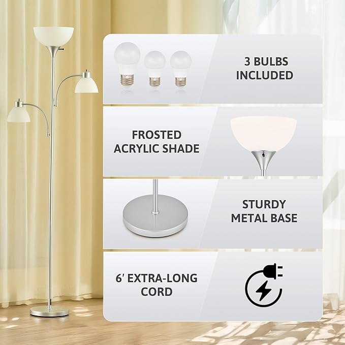 VONLUCE 71" Floor Lamp for Living Room with 3 Bulbs, Standing Lamp with Adjustable Reading Light, Modern Torchiere Floor Lamp with 3 Color Temperatures, Tall Lamp for Bedroom Corner, Nickel