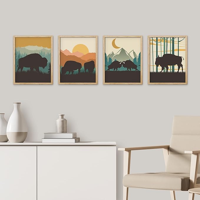 SIGNWIN Framed Country Farmhouse Vibrant Bison Wall Art, Set of 4 Silhouette Animals Wall Decor Prints, Wilderness Nature Wall Décor for Living Room, Bedroom - 11"x14" Natural