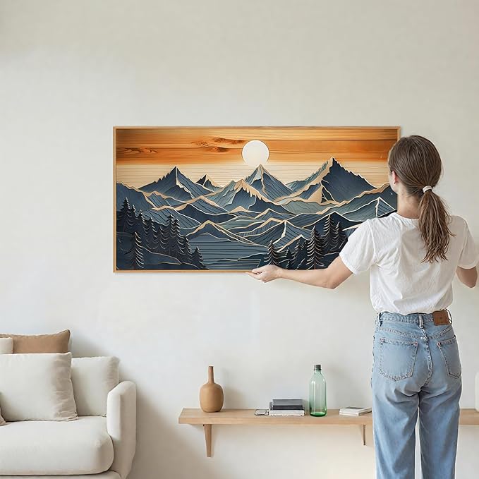 Tinonedraw Metal Mountain Framed Canvas Wall Art, Boho Mountains Forest Artworks, Mid Century Modern Blue Ridge Wall Decor, Vintage Nature Sunset Art Print for Living Room Bedroom Office 20"x40"