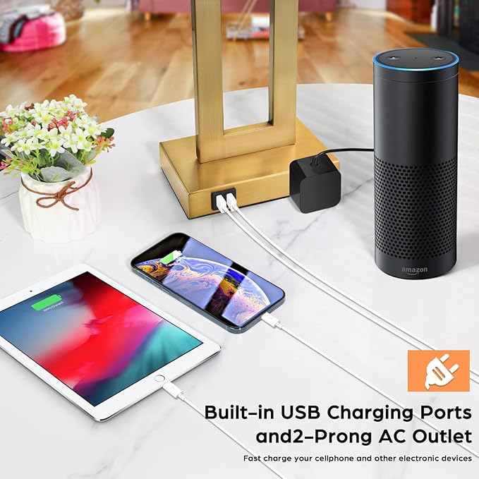 22’’ Table Lamps for Bedrooms Set of 2, Gold Bedside USB Desk Lamp with AC Outlet, Touch Control Modern Vintage Living Room Table Lamp for Nightstand End Table, 3-Way Dimming with 2 E26 Edison Bulbs