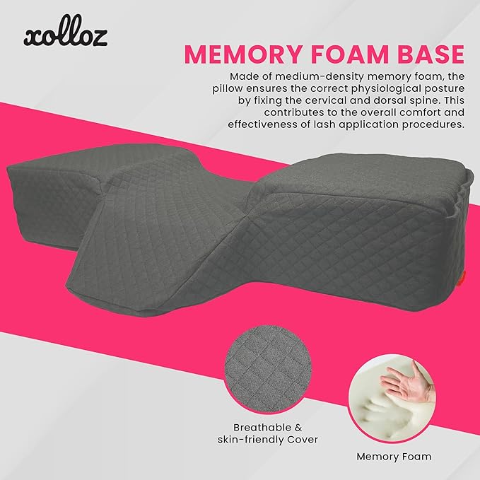 Pillow for Eyelash Extensions - Curved Memory Foam Lash Bed Pillow with Neck and Back Support, Perfect Pillow for Eyelash Extensions, Two Pockets for Tools On The Sides of Pillow (Gray)