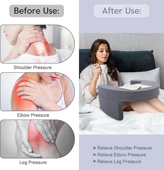 Ejoyous Reading Pillow for Bed, Arm Rest Lap Desk Pillow Memory Foam Gaming Pillow with Side Pocket for for Adult Sitting up in Bed Working Crocheting