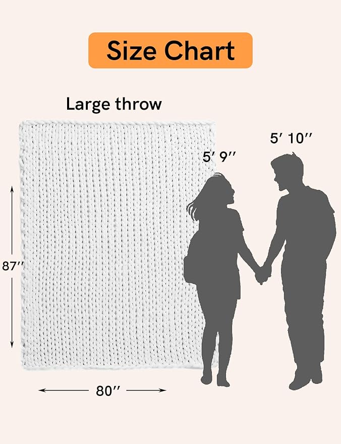 YnM Chunky Throw Blanket, Medium-Weight, Hand Knitted with Chenielle Yarn, Skin Friendly, Ventilated and Breathable, Machine Washable, Home Décor Piece for Couch, Sofa and Bed (White, 80x87 Inch)