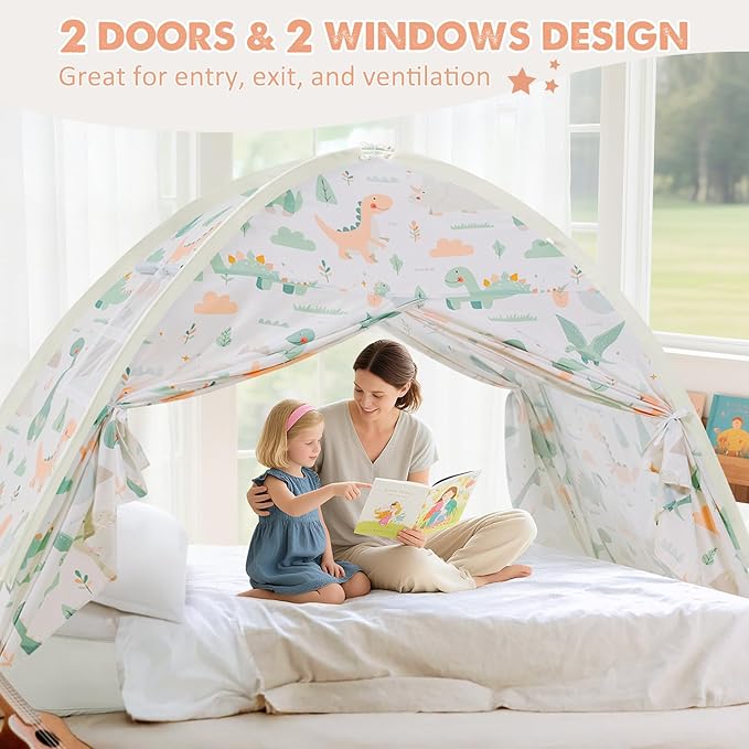 Twin Size Bed Canopy, Twin Bed Tent Indoor with Star Lights, Privacy Space Blackout Sleeping Tents, Indoor Breathable Portable Floor Bed Tent for Boys and Girls, Dinosaur