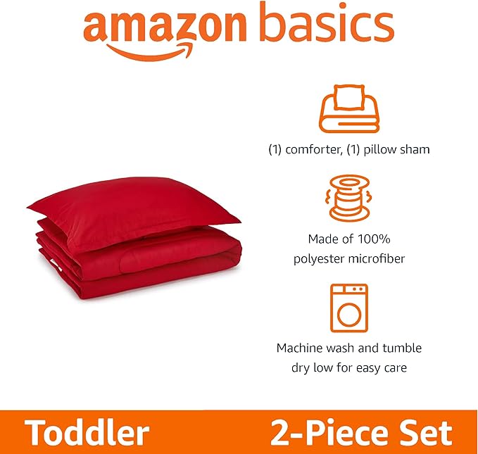 Amazon Basics 2 Piece Microfiber Kid's Comforter and Pillow Sham Set, Toddler, Red, Solid