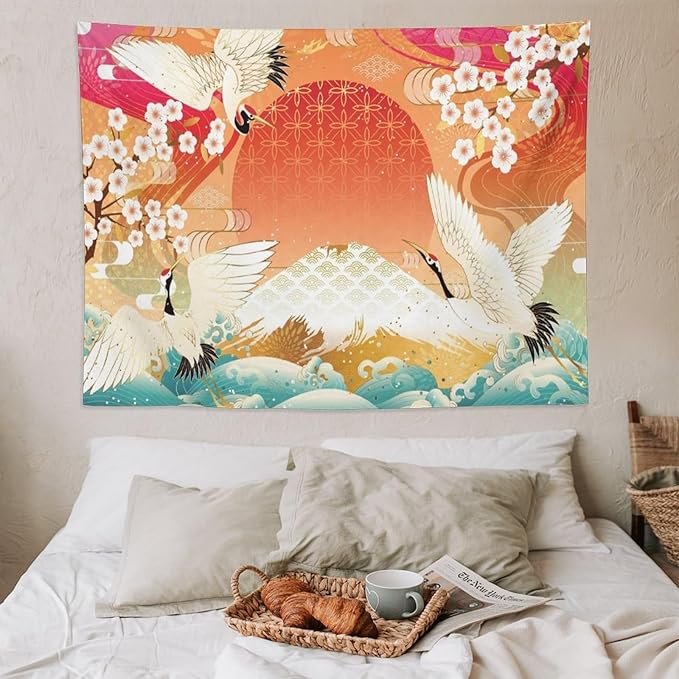HZOHNAGO Japanese Tapestry Cherry Blossom Crane Sea Wave Fuji Mountain Red Sun Pattern Printed Wall Tapestry Painting Wall Hanging for Bedroom Living Room Dorm 80" W x 60" H