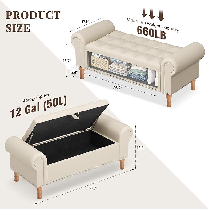 Storage Ottoman Bench for Bedroom, 51" Upholstered Bench with Rolled Arms and Vintage Rivets for Living Room, Full & Queen Leather Storage Bench with Button for Entryway, Beige+Nature Legs