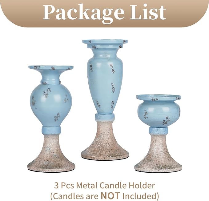Sziqiqi Farmhouse Coastal Candle Holder: Pillar Candle Holders for Living Room Bathroom - Beach Candle Stand for Table Centerpieces Rustic Candleholder Set of 3 Ocean Decor for Fireplace