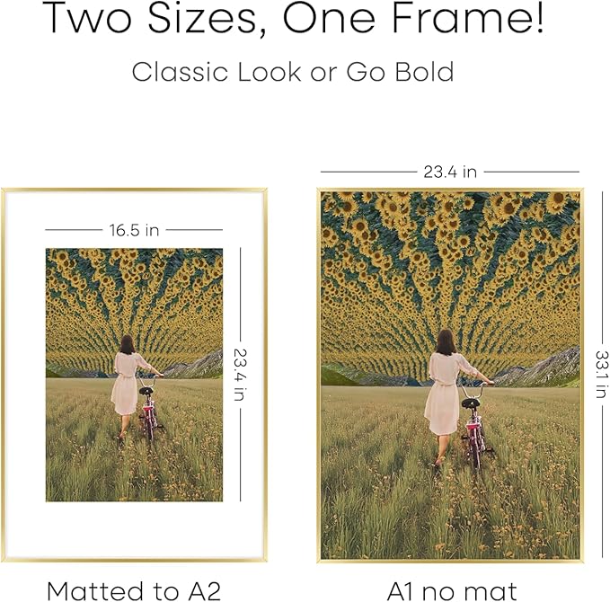 Homeforia A1 Poster Frame Gold, High End Metal 23.4 x 33.1 inches Large Picture Frames with Mat 16.5 x 23.4 for Photo, A1 Size Frames Matted to A2 Print, 23.4x33.1 Thin Frame, Tempered Glass, Set of 1