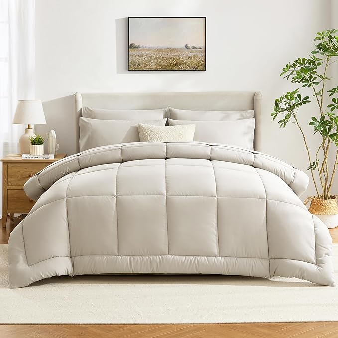 CozyLux Full Size Comforter Sets Beige, 7 Pieces Bed in a Bag, Beige Comforter Full Size, All Season Bedding Sets with Stitch Quilted Comforter, Flat Sheet, Fitted Sheet, Pillowcases