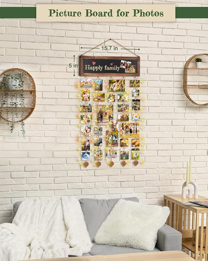 Bikoney Picture Frames Collage Photo Hanging Display Picture Board Wood Rustic Frames for Wall Decor and Dorm Room Decor with Blackboard and 30 Clips Carbonized Black