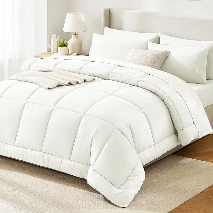 CozyLux Full Size Comforter Set Ivory - 7 Pieces Bed in a Bag, Cream Off White Comforter Full Size, Bedding Sets with All Season Quilted Comforter, Flat Sheet, Fitted Sheet, Pillowcases