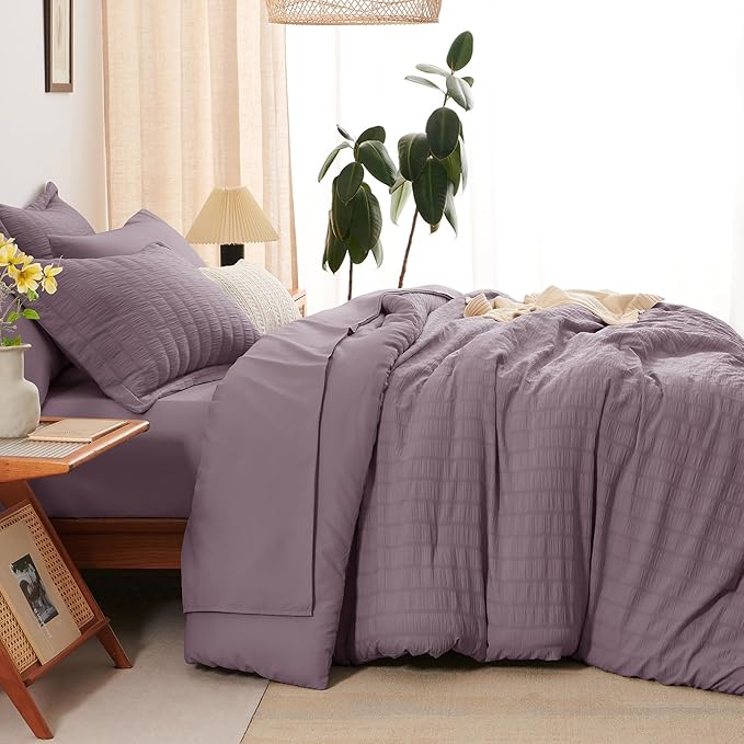 CozyLux Full Size Comforter Sets with Sheets Seersucker 7 Pieces Dusty Purple Bed in a Bag Textured Luxury Soft Bedding Set with Down Alternative Comforter, Sheets, Pillowcases & Shams for All Seasons