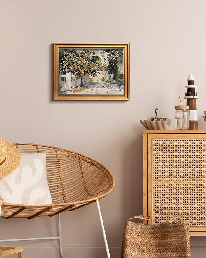 HUARCEY Gold Framed Vintage Wall Art for Living Room Country Orange Trees Earthy Room Decor Aesthetic Oil Painting Wall Picture Farmhouse Canvas Print Artwork for Kitchen Bedroom Bathroom Decor 12x16